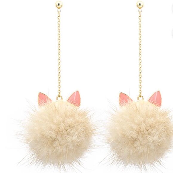 Wild Time Fashion Jewelry - Ivory Mink Fur Pom Pom Gold Ears Dangle Earrings - NWT